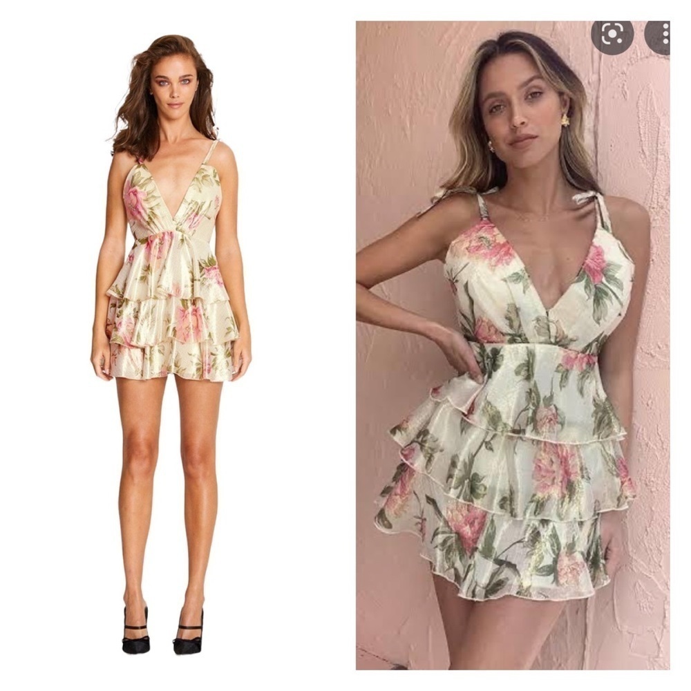 NWT ALICE MCCALL Beige Floral Salvatore Tiered Ruffle Mini Dress Size US 4, AU 8